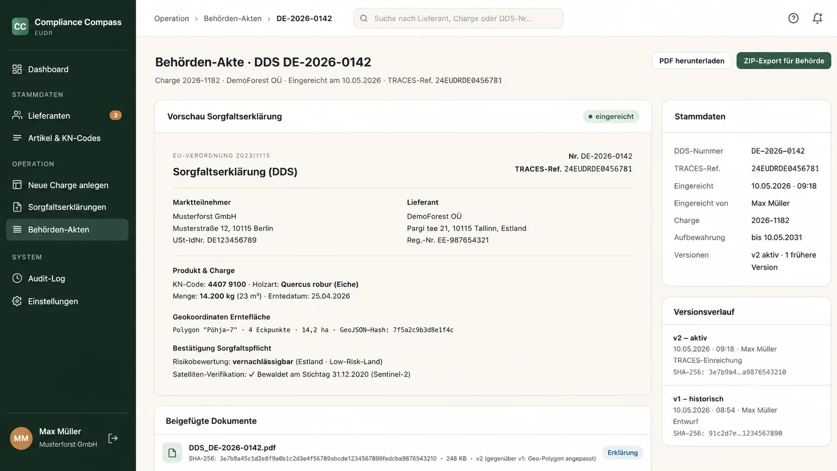 Authority file of a due diligence statement with PDF preview, master data and version history