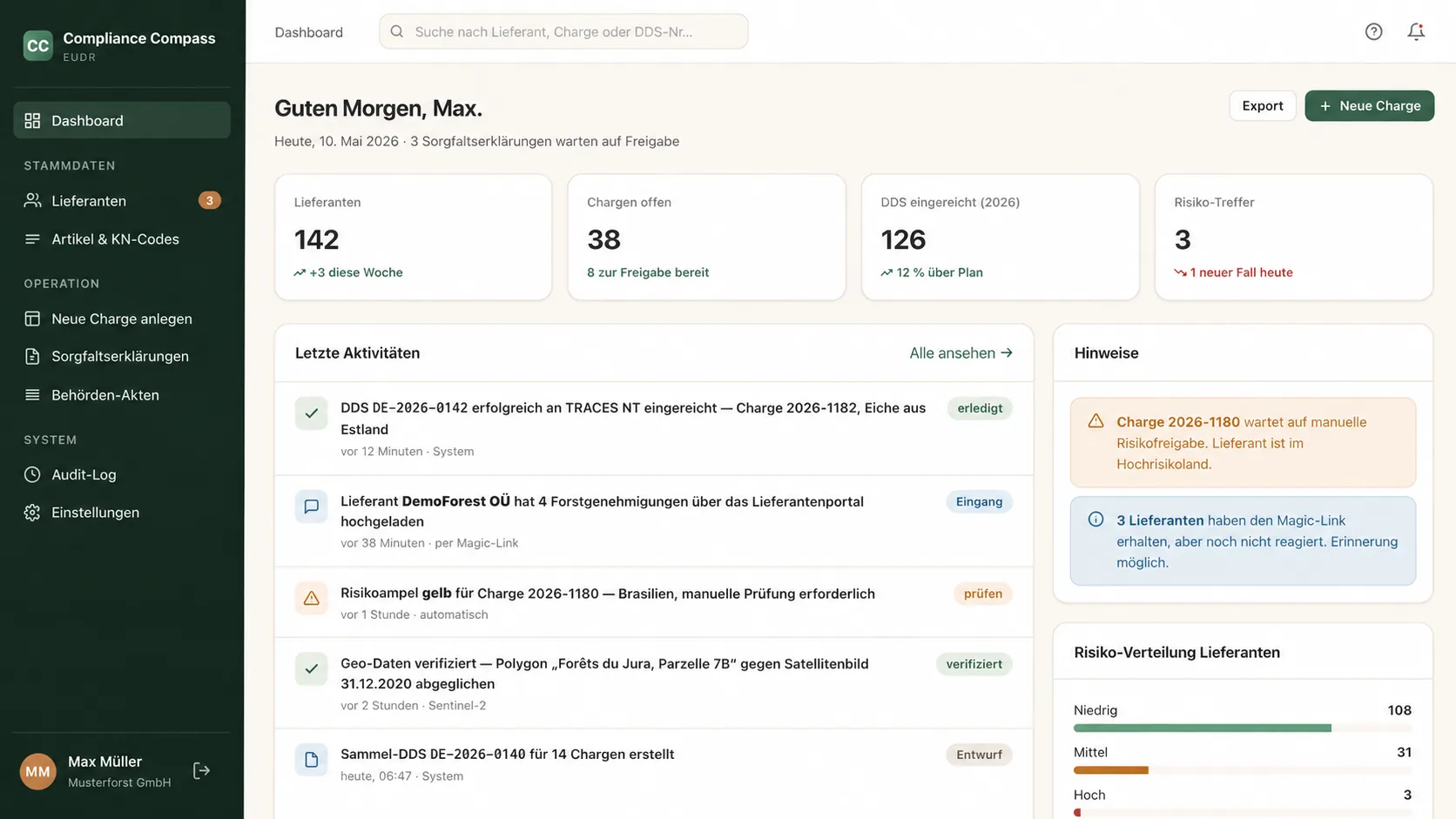 Compliance Compass EUDR dashboard with 142 suppliers, 38 open batches and risk overview